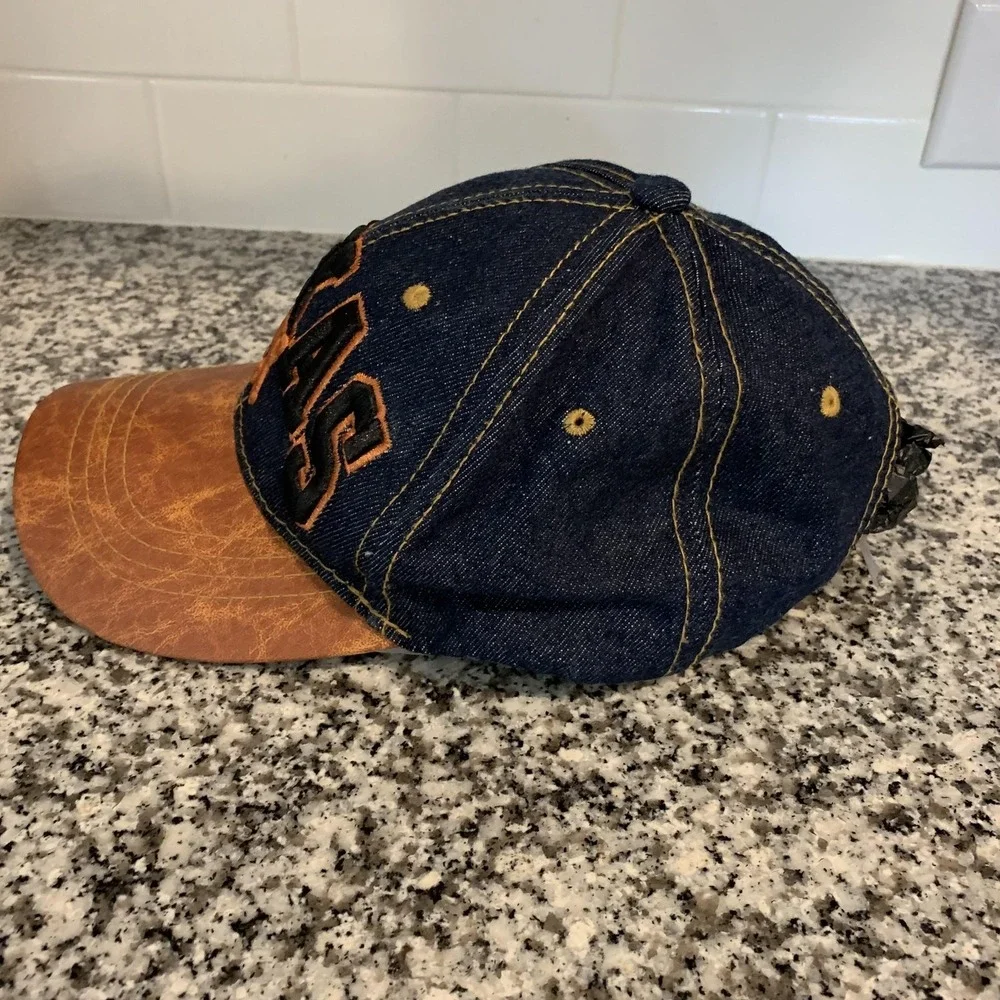 VTG Texas Denim Hat Cap Strap Back One Size Blue Brown USA Headwear Mens Western